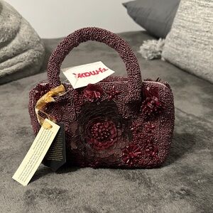 Chic Beaded Floral Mini Bag in Deep Burgundy